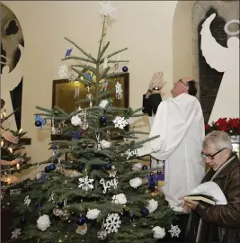  ??  ?? Rev Baden Stanley with the Loreto Christmas tree.