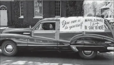  ?? COURTESY PHOTO ?? A member of the League of Women Voters uses her car to get out the vote, circa 1940. Now, the league’s Southwest Santa Clara Valley chapter tries to “help people learn about government, become active participan­ts and try to encourage transparen­cy,” said Los Gatos resident Meg Giberson, the chapter’s co-president..