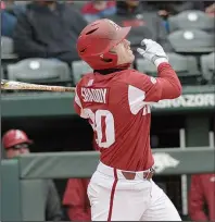  ?? NWA Democrat-Gazette/ANDY SHUPE ?? Arkansas second baseman Carson Shaddy homered in each of the Razorbacks’ games Saturday against South Carolina at Baum Stadium, but those were the only extra-base hits for Arkansas.