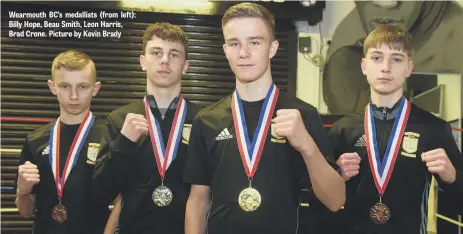  ??  ?? Wearmouth BC’s medallists (from left): Billy Hope, Beau Smith, Leon Harris, Brad Crone. Picture by Kevin Brady