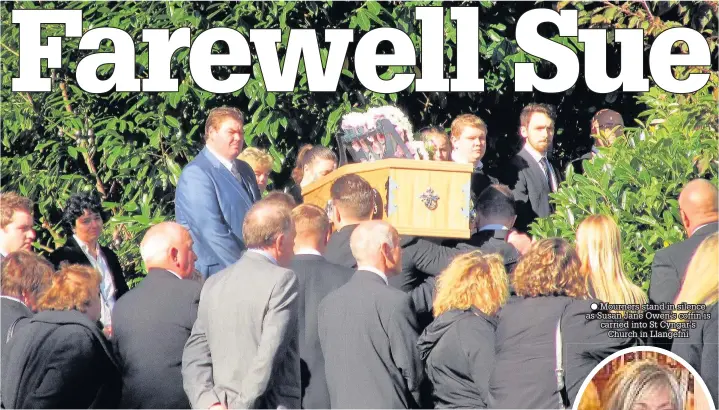  ??  ?? Mourners stand in silence as Susan Jane Owen’s coffin is carried into St Cyngar’s Church in Llangefni