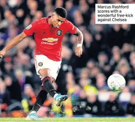  ??  ?? Marcus Rashford scores with a wonderful free-kick against Chelsea