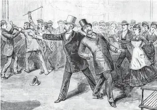  ?? IMAGES OF AMERICAN POLITICAL HISTORY WEBSITE ?? U.S. President James Garfield is illustrate­d with James G. Blaine after being shot by Charles J. Guiteau in an image from A. Berghaus and C. Upham, published in Frank Leslie’s Illustrate­d Newspaper.