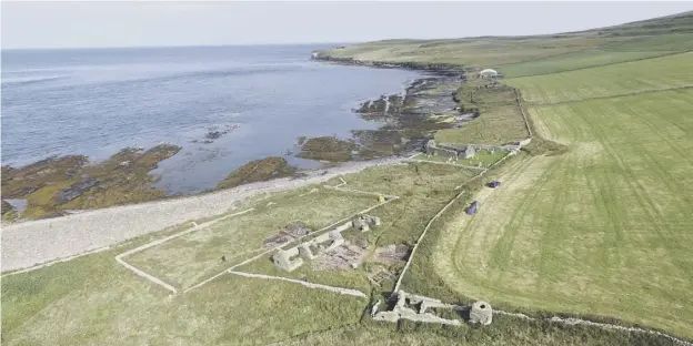  ??  ?? Clockwise from above: Skaill Farmstead with the site in the foreground looking towards St Mary’s Kirk and Midhowe Broch and tomb; a bone comb fragment; a spindle whorl; the excavated site from above