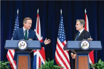  ?? ?? Antony Blinken holds a press conference with UK foreign secretary David Cameron. Photograph: Jim Lo Scalzo/EPA