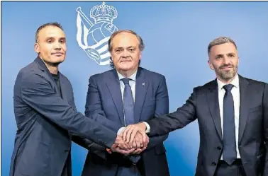  ?? ?? Sergio Francisco, Aperribay y Bretos, tras la rueda de prensa de ayer en Anoeta.