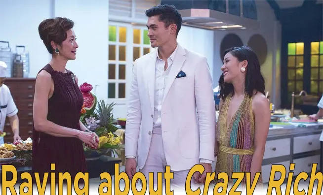  ??  ?? From left: Michelle Yeoh as Eleanor, Henry Golding as Nick and Constance Wu as Rachel