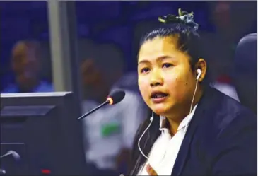  ?? ECCC/NHET SOK HENG ?? Witness Hin Sotheany testifies before the Extraordin­ary Chambers in the Courts of Cambodia in Case 002/02 against Nuon Chea and Khieu Samphan yesterday.