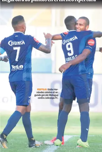  ??  ?? FESTEJO. Eddie Hernández celebra el segundo gol del Motagua contra Juticalpa FC.