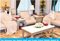  ??  ?? His Highness the Deputy Amir and Crown Prince Sheikh Nawaf AlAhmad Al-Jaber Al-Sabah meets with Foreign Minister and Acting Defense Minister Sheikh Dr Ahmad Nasser Mohammad Al-Sabah.