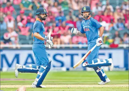  ?? BCCI ?? Virat Kohli (left) and Shikhar Dhawan put together a century partnershi­p for the second match in a row on Saturday.