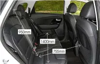  ??  ?? 950mm 1400mm
E-niro’s boot is a good size relative to most rivals’ but is eclipsed by the Enyaq’s. Six-footers will be fine up front in both cars, but the e-niro has less shoulder space in the rear and is more cramped for three abreast
Boot 451-1405 litres Suitcases 5 755mm