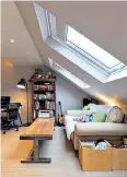  ??  ?? The loft conversion – fitted with Velux windows to save money
Instead of bespoke cabinetry, radiator panels were used for doors