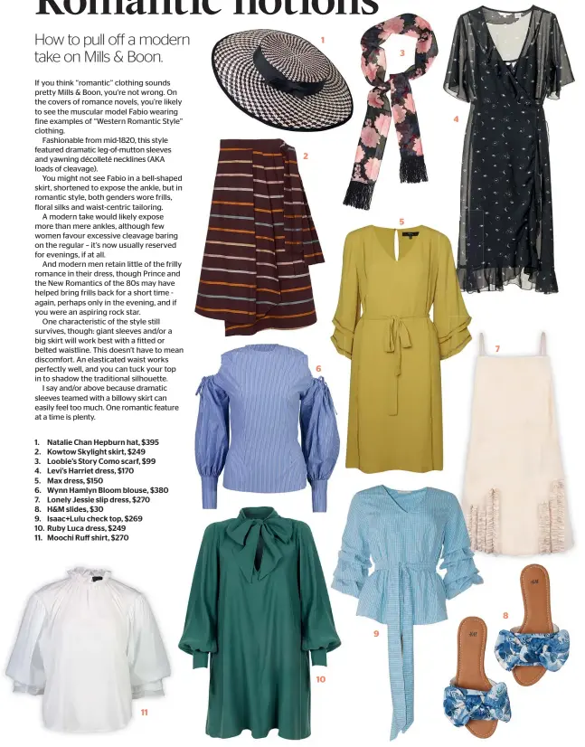  ??  ?? 1. Natalie Chan Hepburn hat, $3952. Kowtow Skylight skirt, $2493. Loobie’s Story Como scarf, $994. Levi’s Harriet dress, $1705. Max dress, $1506. Wynn Hamlyn Bloom blouse, $3807. Lonely Jessie slip dress, $2708. H&amp;M slides, $309. Isaac+Lulu check top, $26910. Ruby Luca dress, $24911. Moochi Ruff shirt, $270 11 2 1 6 10 9 3 5 4 7 8