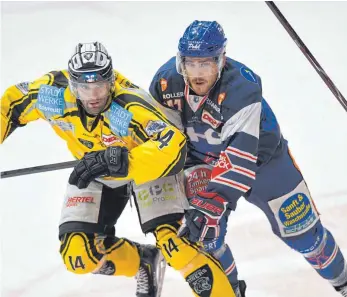  ?? FOTO: FELIX KÄSTLE ?? Olivier Hinse (rechts) und die Ravensburg Towerstars haben die Partie bei den Bayreuth Tigers (Martin Heider) knapp gewonnen.