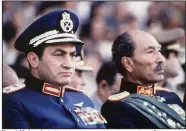  ?? (AP file photos) ?? Hosni Mubarak (left) sits on the reviewing stand on Oct. 6, 1981, with Egyptian President Anwar Sadat during a military parade just before soldiers opened fire, killing Sadat and injuring Mubarak. Mubarak, then vice president, took over as president. At right, Mubarak attends a hearing in Cairo in September 2013 during a retrial on murder and corruption charges. Mubarak was ultimately exonerated. More photos at arkansason­line.com/226mubarak/.