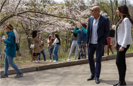  ?? NICK KOZAK FOR THE TORONTO STAR ?? Neti Ben Or, president of highrise developmen­t at State Building Group, left, and Tamar Zagdanski, marketing and sales manager, visit High Park with fans of the annual cherry blossoms.