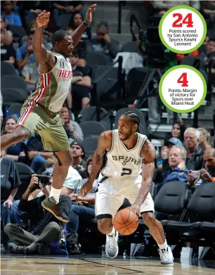  ?? — AFP ?? 24 Points scored by San Antonio Spurs’s Kawhi Leonard 4 Points: Margin of victory for Spurs over Miami Heat Kawhi Leonard (2) of Spurs handles the ball during the game against the Miami Heat.