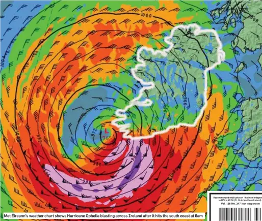  ??  ?? Met Éireann’s weather chart shows Hurricane Ophelia blasting across Ireland after it hits the south coast at 6am