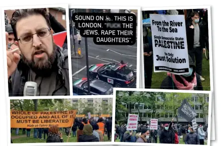  ?? PHOTOS: TWITTER, ALAMY, GETTY IMAGES ?? Clockwise from top left: a UK Muslim man is filmed calling for jihad; footage of the pro-Palestine convoy on Sunday; an anti-Israel protester; a Hizb ut-Tahrir banner calls for the obliterati­on of Israel; Saturday’s Gaza rally in London