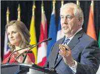  ?? AP PHOTO ?? Foreign Affairs Minister Chrystia Freeland and Secretary of State of the United States Rex Tillerson address a news conference following a meeting on the Security and Stability on the Korean Peninsula in Vancouver Jan. 16.