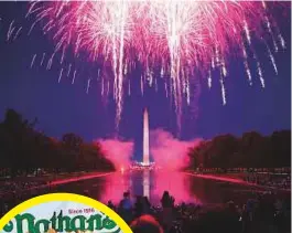  ??  ?? Fireworks light up the sky on the National Mall in Washington, D.C. Right: Defending champion Miki Sudo held on to her title at the Nathan’s Famous July Fourth hot dog eating contest.