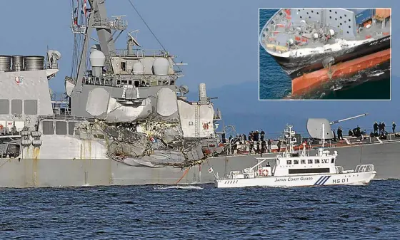  ?? —AP ?? A Japan Coast Guard ship navigates close to the damaged USS Fitzgerald near the USNaval base in Yokosuka, Japan, after the US destroyer collided with the Philippine-registered container ship ACX Crystal (inset) in the waters off Izu Peninsula on...
