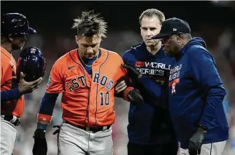  ?? Karen Warren/Staff photograph­er ?? Manager Dusty Baker said Gurriel “had tears in his eyes” after the first baseman realized he wouldn’t be able to finish out the Astros’ title run. Korey Lee joined the roster in his place.