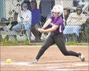  ?? Pete Paguaga / Heart Connecticu­t Media ?? North Branfords Sydney Senerchia takes a swing during the Shoreline championsh­ip game on Sunday.