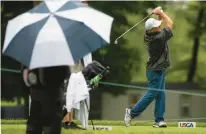  ?? ?? Fred Funk tees off on the ninth hole Thursday during the first round of the U.S. Senior Open at Saucon Valley Country Club.
senior major.”