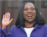 ?? JACQUELYN MARTIN/AP ?? Supreme Court nominee Judge Ketanji Brown Jackson is sworn in for her confirmati­on hearing Monday.