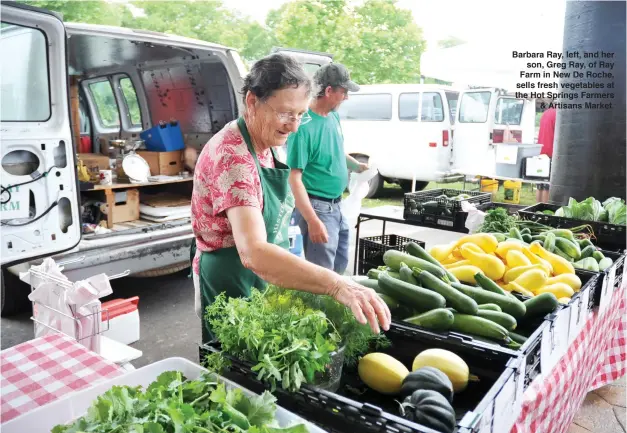  ??  ?? Barbara ray, left, and her son, greg ray, of ray Farm in new de roche, sells fresh vegetables at the Hot springs Farmers & Artisans Market.