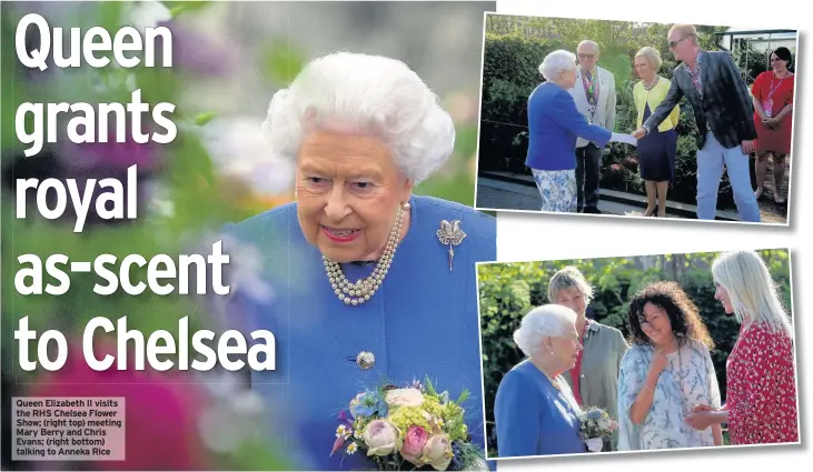  ??  ?? Queen Elizabeth II visits the RHS Chelsea Flower Show; (right top) meeting Mary Berry and Chris Evans; (right bottom) talking to Anneka Rice