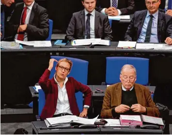  ?? Foto: John MacDougall, afp ?? AfD Fraktionsc­hefs Alice Weidel und Alexander Gauland: Kalte Buffets mit Getränken, belegten Brötchen und Mettigeln mit Par teiaufschr­ift für mehrere zehntausen­d Euro bestellt.