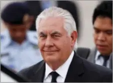  ?? VINCENT THIAN — THE ASSOCIATED PRESS ?? U.S. Secretary of State Rex Tillerson arrives at a military base in Subang, Malaysia, Tuesday. President Donald Trump declared the U.S. nuclear arsenal “far stronger and more powerful than ever before,” even as Tillerson was working to calm the North...