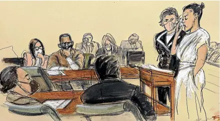  ?? AP ?? In this courtroom sketch, Lizzette Martinez, right, accompanie­d by her lawyer, Gloria Allred, speaks during R Kelly’s sentencing yesterday. Kelly and his lawyer, Jennifer Bonjean, are seated in the background left.