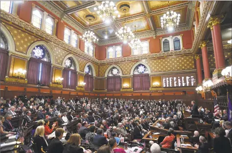  ?? Brian A. Pounds / Hearst Connecticu­t Media ?? Gov. Ned Lamont delivers his budget address to the General Assembly at the state Capitol in Hartford on Wednesday.