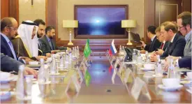  ??  ?? Saudi Minister of Energy, Industry and Mineral Resources Khalid Al-Falih, left center, holds talks with Russian Minister of Industry and Trade Denis Manturov in Moscow on Thursday. (SPA)