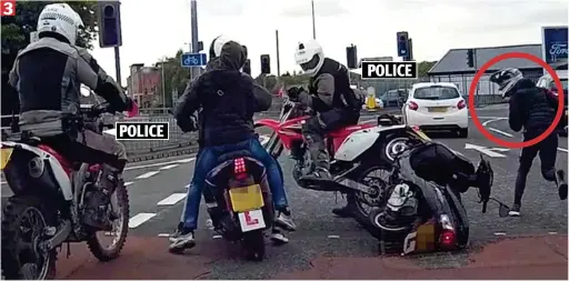  ??  ?? Runaway: One youth flees, circled, but the other two – including a passenger in a hoodie – are trapped by a second cop