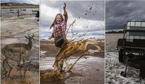  ?? PHOTOS: DYLAN ROBINSON ?? FROM DUST TO MUD: Farmer’s daughter Ella Riley plays in puddles on her family’s property near Gunnedah, New South Wales, over the weekend.