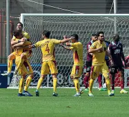  ??  ?? Cittadella La festa dei giocatori del Cittadella dopo il gol di Salvi che ha spianato la strada alla vittoria