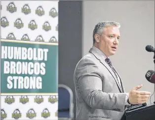  ?? CP PHOTO ?? Humboldt Broncos president Kevin Garinger speaks during a press conference announcing the hiring of new coach and general manager Nathan Oystrick in Humboldt, Sask., on Tuesday, July, 3.
