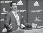  ?? ASSOCIATED PRESS ?? IN THIS JAN. 2, file photo, Manny Diaz speaks during a news conference after being named Miami’s new NCAA college football head coach in Coral Gables, Fla.