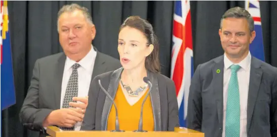  ?? Photo / Mark Mitchell ?? Jacinda Ardern — announcing the offshore energy exploratio­n ban with Shane Jones and James Shaw — understand­s the value of having options to her left and right.