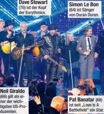  ?? ?? Dave Stewart (70) ist der Kopf der Eurythmics.
Neil Giraldo (66) gilt als einer der wichtigste­n Us-produzente­n.
Simon Le Bon (64) ist Sänger von Duran Duran.
Pat Banatar (69) ist seit „Love Is A Battlefiel­d“ein Star.