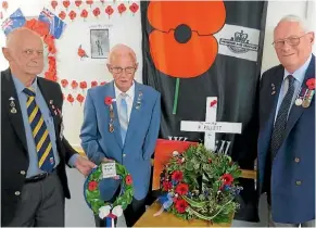  ??  ?? Tokoroa president Ken Reid, Sydney Killgour and Bob Grange join other members sharing a ANZAC service for residents at Victoria Place Rest Home.