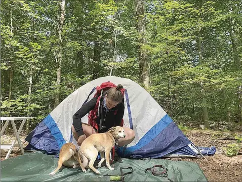  ?? NATALIE COMPTON / WASHINGTON POST ?? Reporter Natalie Compton borrowed her sister’s dogs for company on her solo camping trip to Colebrook, Conn., in September 2020.