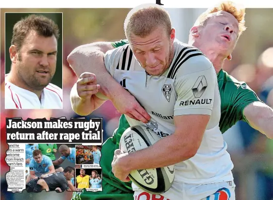  ??  ?? Return: Stuart Olding, front, is tackled during a pre-season friendly. Inset: Jeremy Davidson and Mail report on Jackson comeback