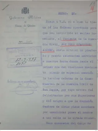  ?? E.S. ?? Escrito del gobernador militar del Campo de Gibraltar sobre el teniente Odón Ojanguren Alonso.