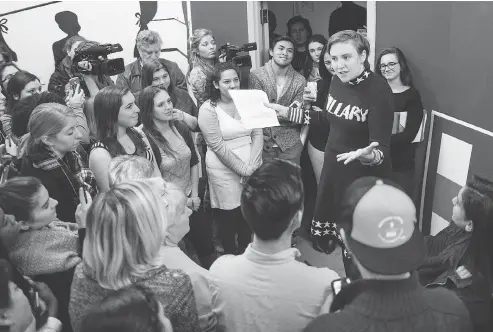  ?? SCOTT EISEN / GETTY IMAGES ?? Screenwrit­er and actress Lena Dunham speaks to a crowd at a campaign office on Jan. 8, 2016 in Manchester, N.H. Dunham once championed Democratic presidenti­al candidate Hillary Clinton’s commitment to standing up for women and girls.